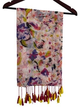Macy's Multicolor Floral Tassel Scarf with Yellow and Magenta Accents